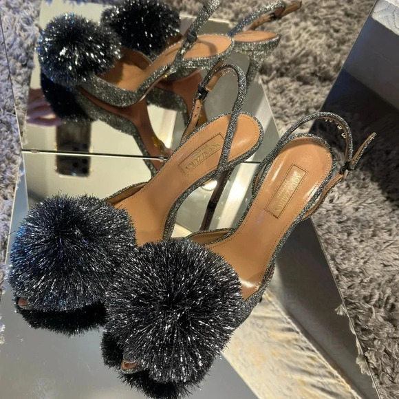 AQUAZZURA SILVER POMPOM SLINGBACK SANDALS - Picture 5 of 10